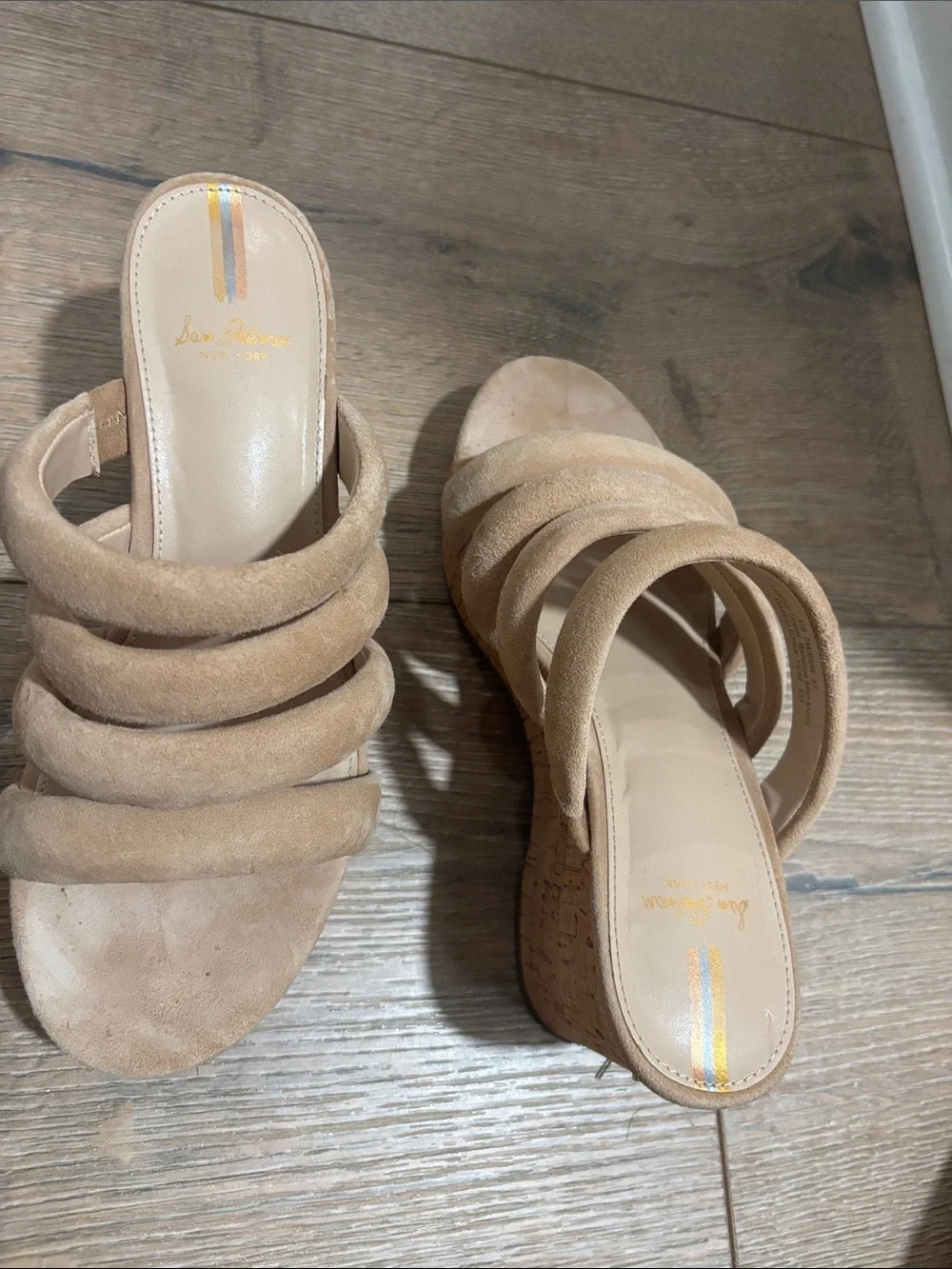 Sam Edelman Beige Suede Padded Strap Wedge Sandals